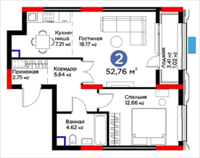 Планировка 2 комнаты
